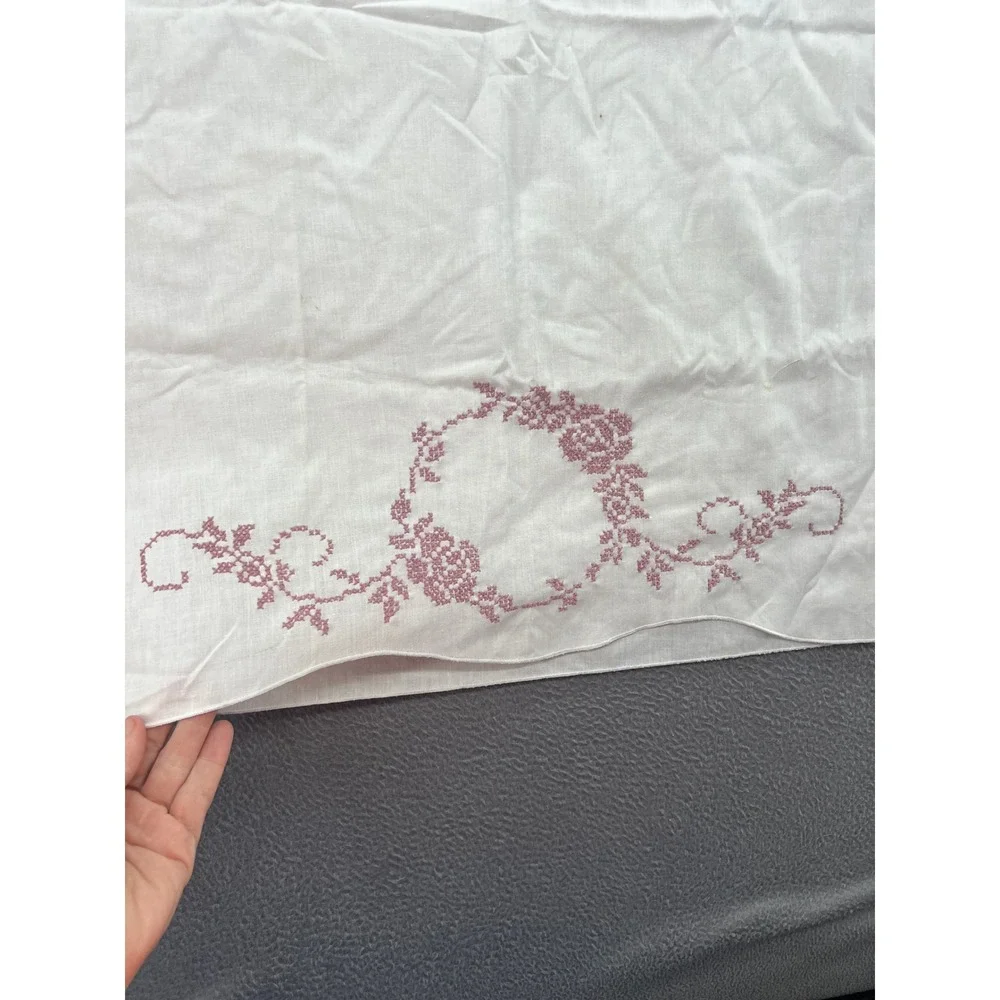 Vintage Hand Embroidered Cross Stitch Linen Pillowcase Set 2 Mauve Floral White